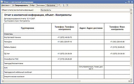 Отчет по контактной информации контрагентов